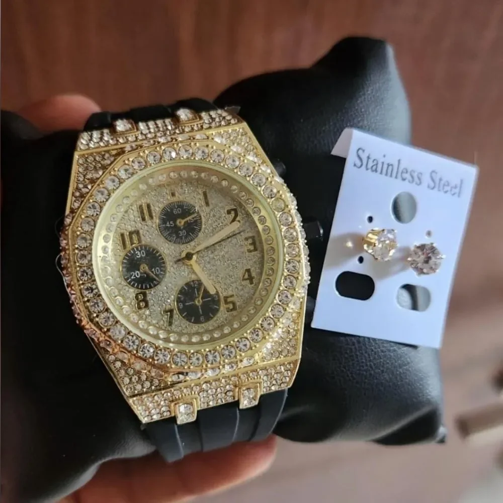 Gold Bust Down Iced Out Hip Hop Watch Black Silicone Strap VVS Diamond Bling
